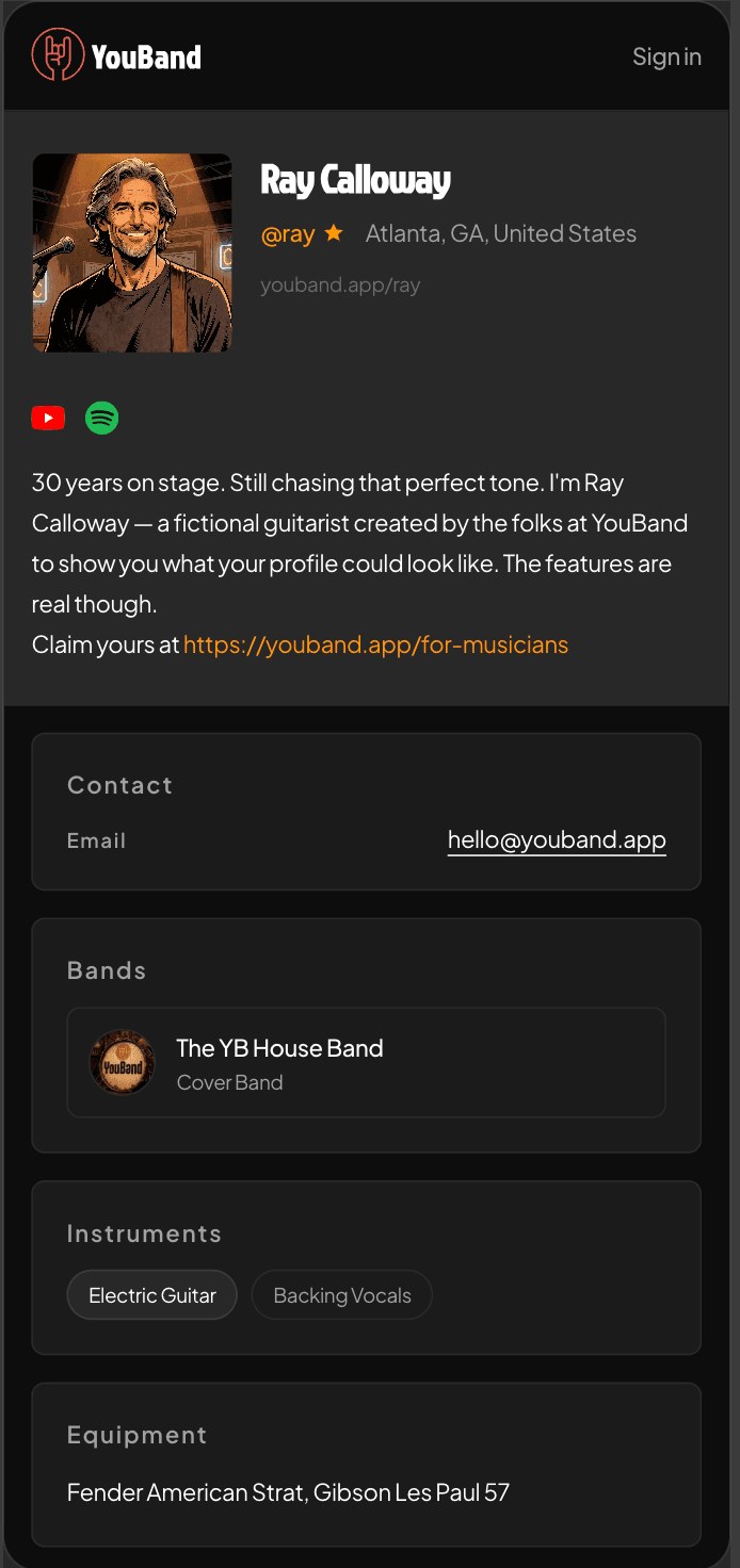 YouBand musician profile mockup